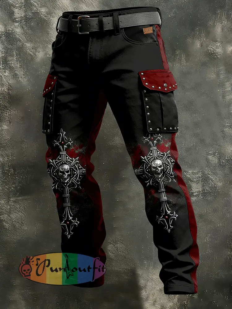 Men’s Retro Vacation Business Punk Cross Skull Art Print Casual Workwear Trousers