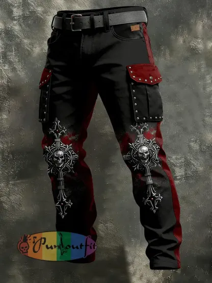 Men’s Retro Vacation Business Punk Cross Skull Art Print Casual Workwear Trousers