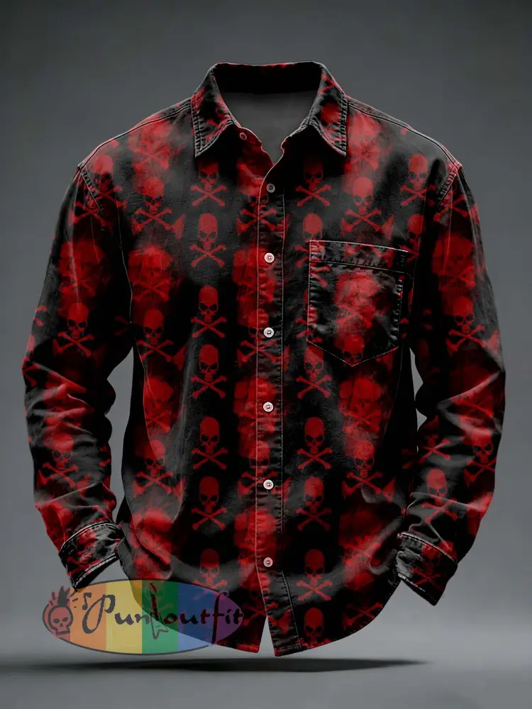 Men’s Retro Punk Skull Printed Long Sleeved Pocket Shirt