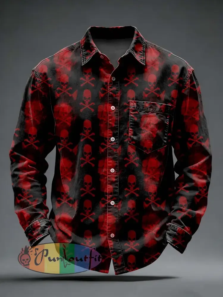 Men’s Retro Punk Skull Printed Long Sleeved Pocket Shirt