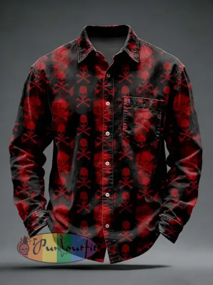 Men’s Retro Punk Skull Printed Long Sleeved Pocket Shirt
