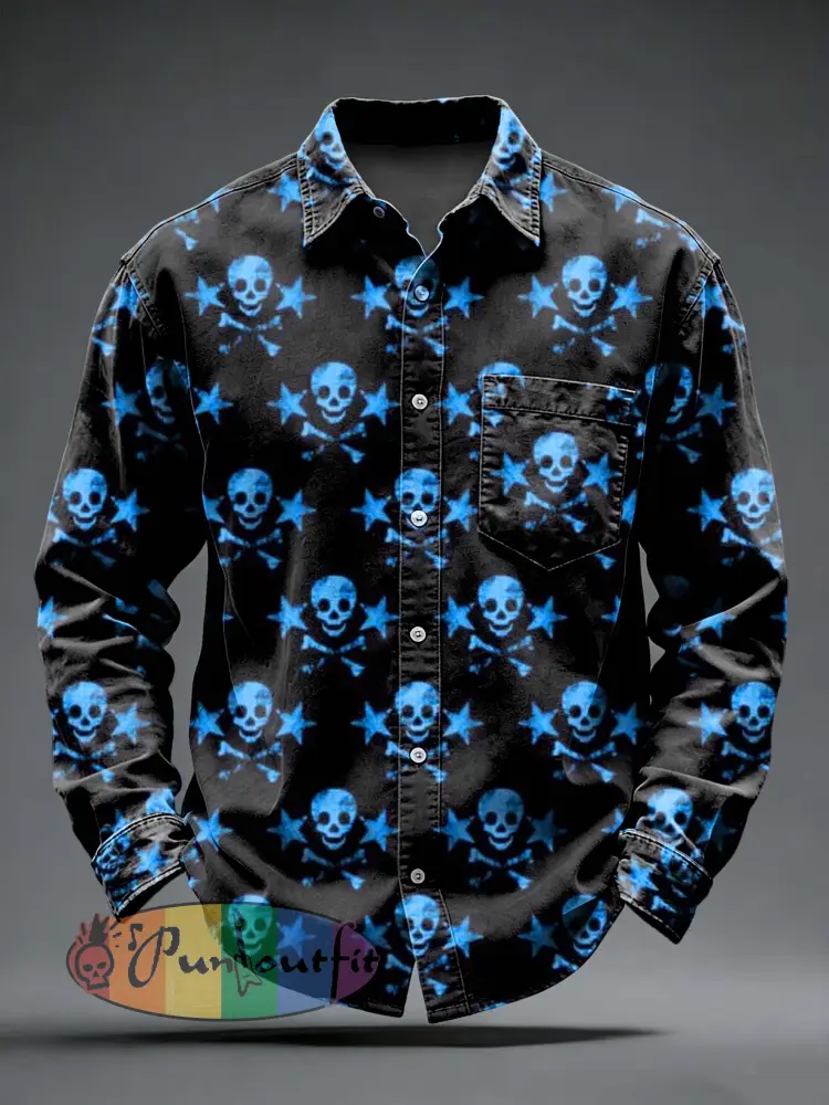 Men’s Retro Punk Skull Printed Long Sleeved Pocket Shirt