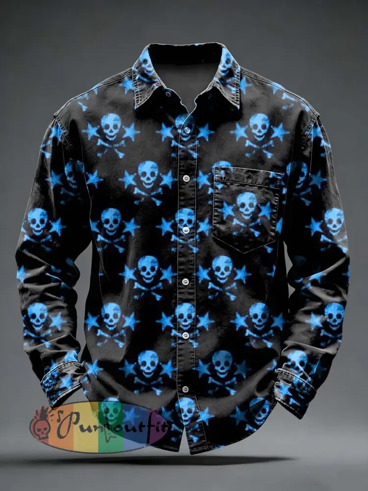 Men’s Retro Punk Skull Printed Long Sleeved Pocket Shirt