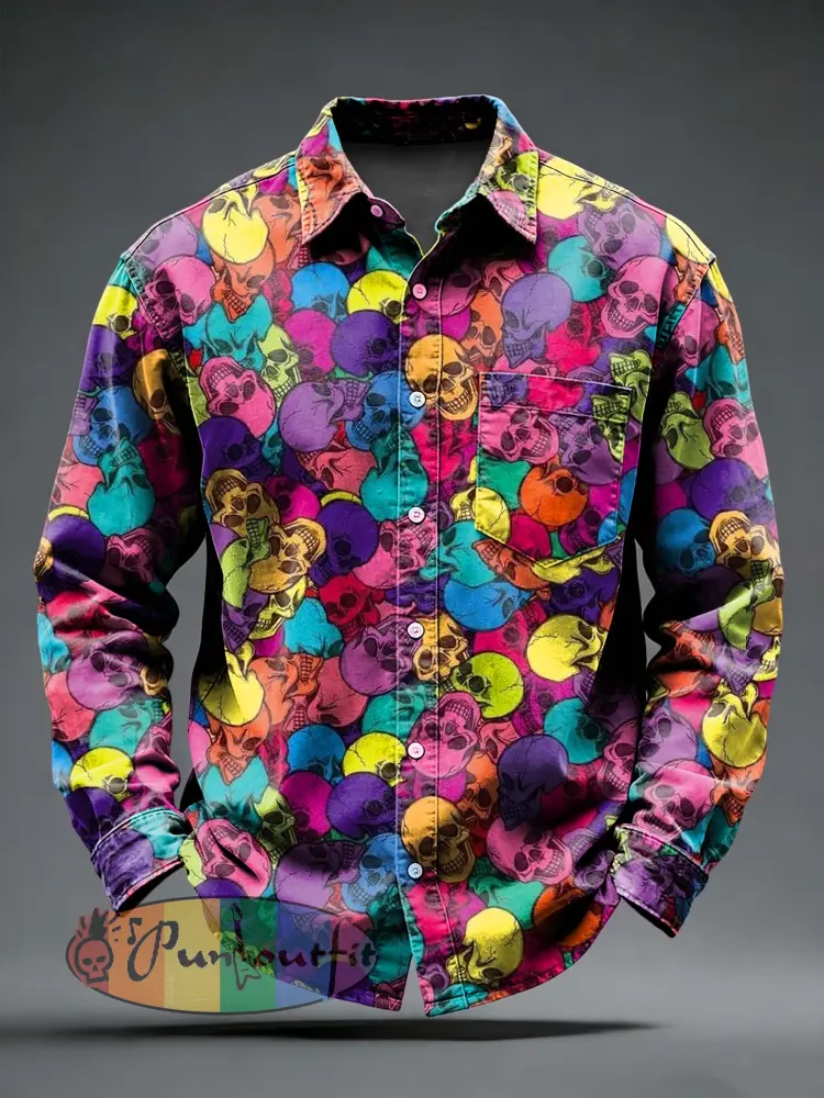 Men’s Retro Punk Skull Printed Long Sleeved Pocket Shirt