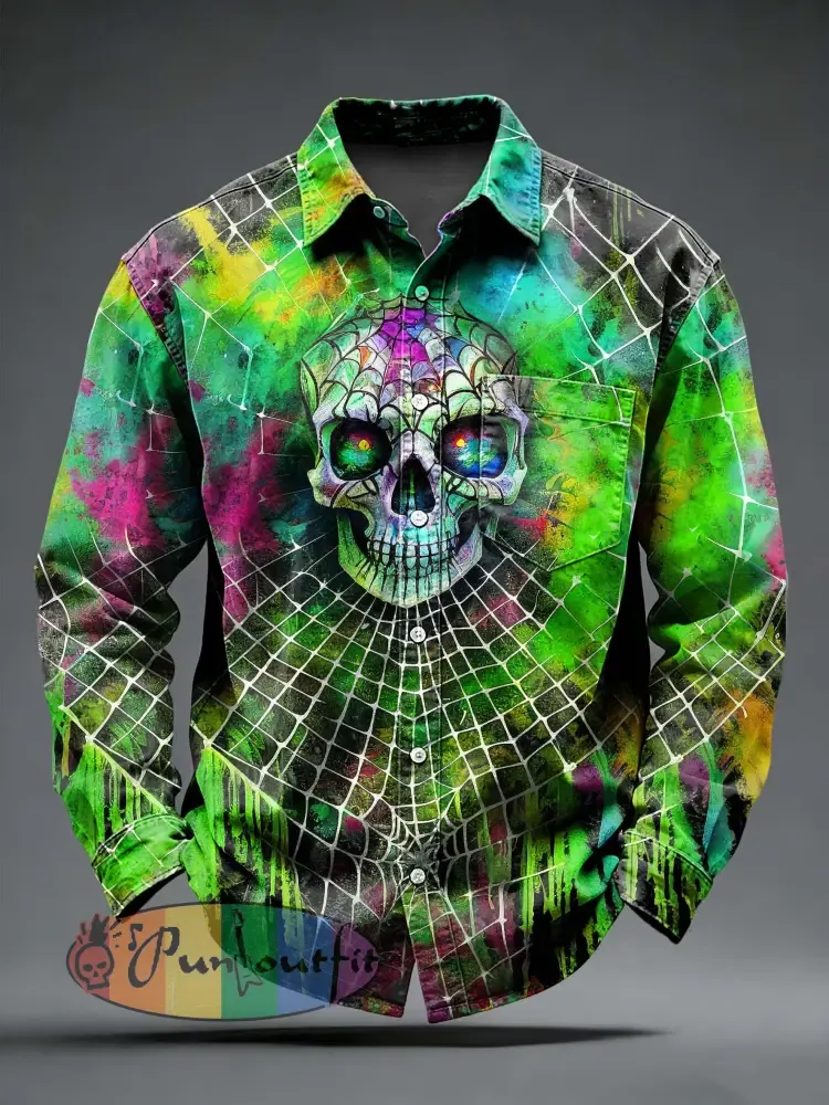 Men’s Retro Punk Skull Printed Long Sleeved Pocket Shirt