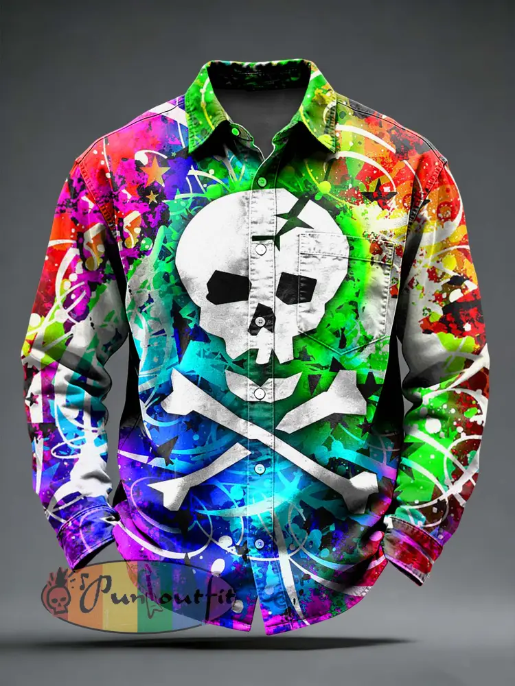 Men’s Retro Punk Skull Printed Long Sleeved Pocket Shirt