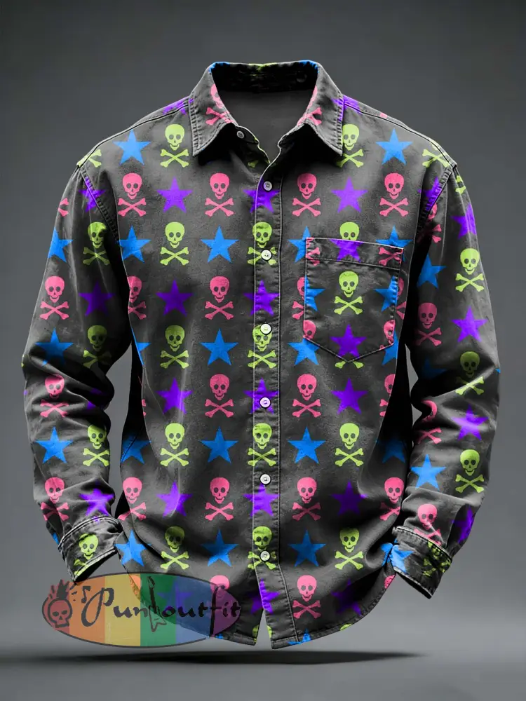 Men’s Retro Punk Skull Printed Long Sleeved Pocket Shirt