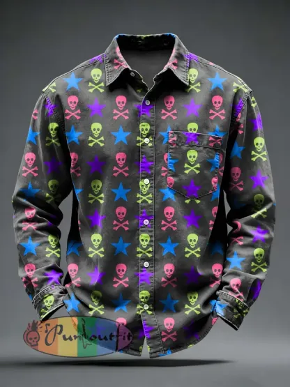 Men’s Retro Punk Skull Printed Long Sleeved Pocket Shirt