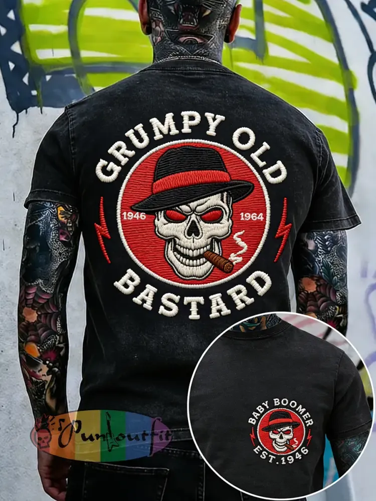 Men’s Grumpy Old Bastard Embroidered Vintage Washed T-Shirt
