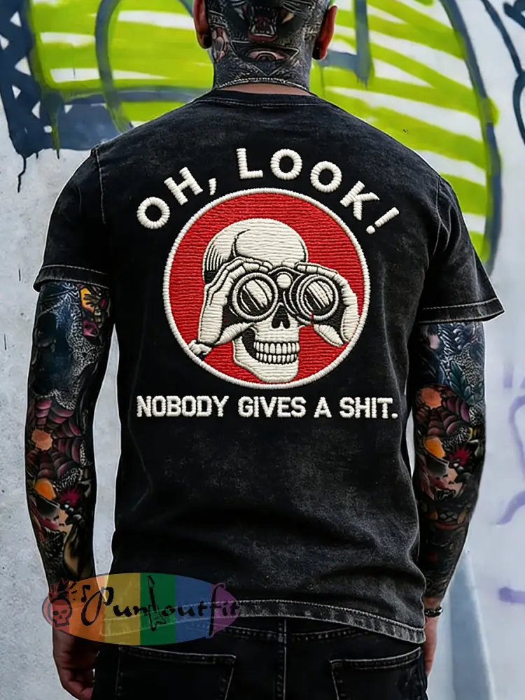 Men’s OH Look Nobody Gives A Shit Embroidery Pattern Washed T-Shirt