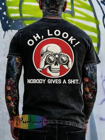 Men’s OH Look Nobody Gives A Shit Embroidery Pattern Washed T-Shirt