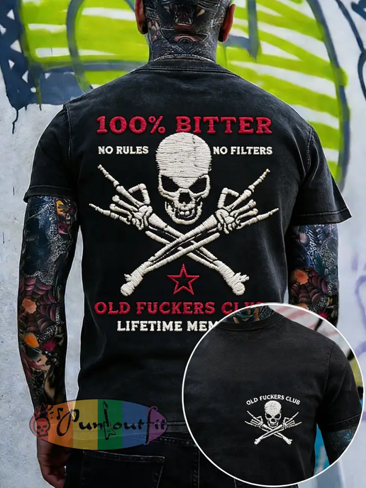 Men’s Old Fuckers Club Embroidery Pattern Washed T-Shirt