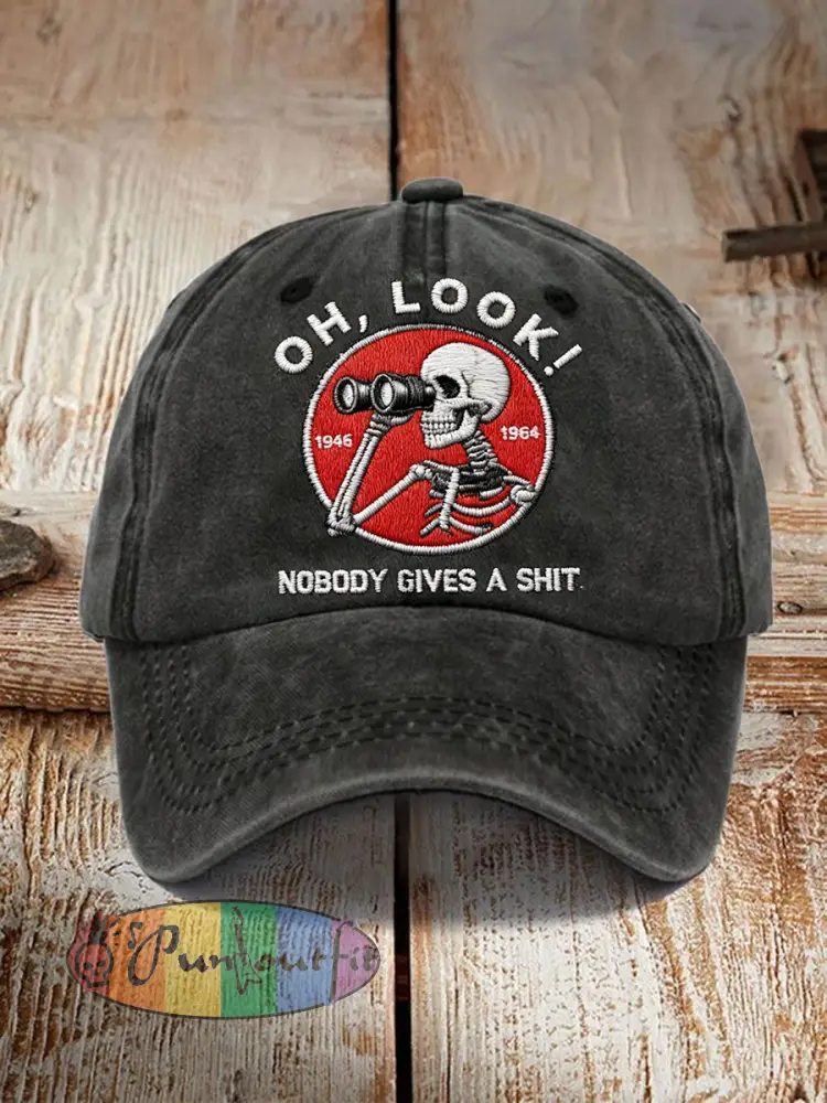 Unisex OH Look Nobody Gives A Shit Embroidery Pattern Washed Hat - Black · ONE