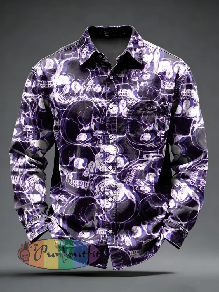Men’s Retro Psychedelic Punk Skull Printed Long Sleeved Pocket Shirt