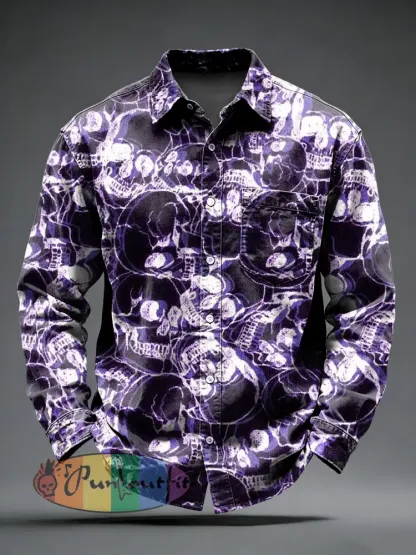 Men’s Retro Psychedelic Punk Skull Printed Long Sleeved Pocket Shirt