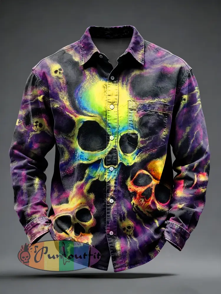 Men’s Retro Psychedelic Punk Printed Long Sleeved Pocket Shirt