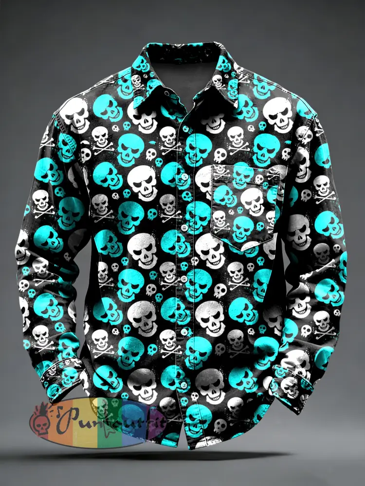 Men’s Retro Psychedelic Punk Skull Printed Long Sleeved Pocket Shirt