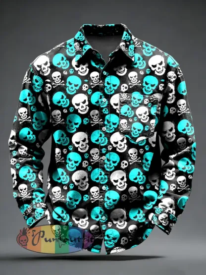Men’s Retro Psychedelic Punk Skull Printed Long Sleeved Pocket Shirt