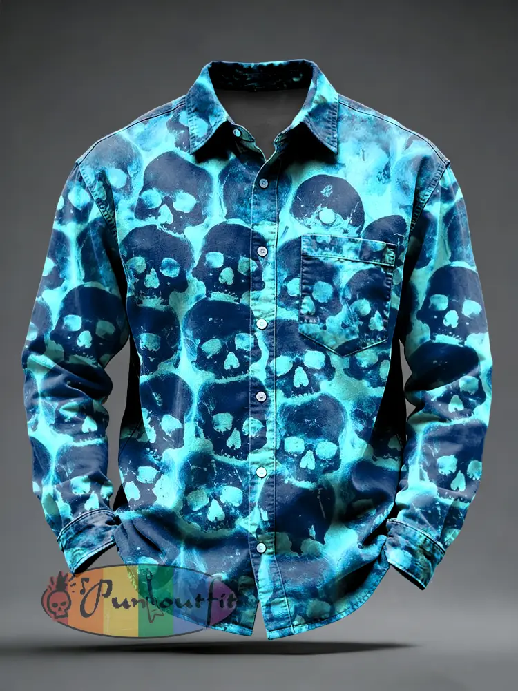 Men’s Retro Psychedelic Punk Skull Printed Long Sleeved Pocket Shirt