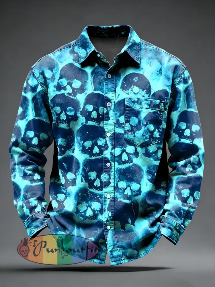 Men’s Retro Psychedelic Punk Skull Printed Long Sleeved Pocket Shirt