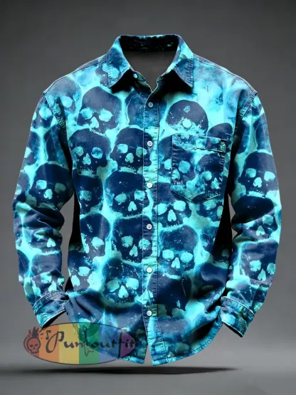 Men’s Retro Psychedelic Punk Skull Printed Long Sleeved Pocket Shirt