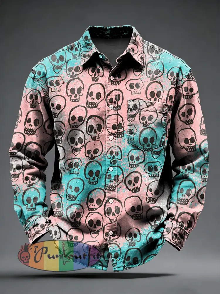 Men’s Retro Psychedelic Punk Printed Long Sleeved Pocket Shirt