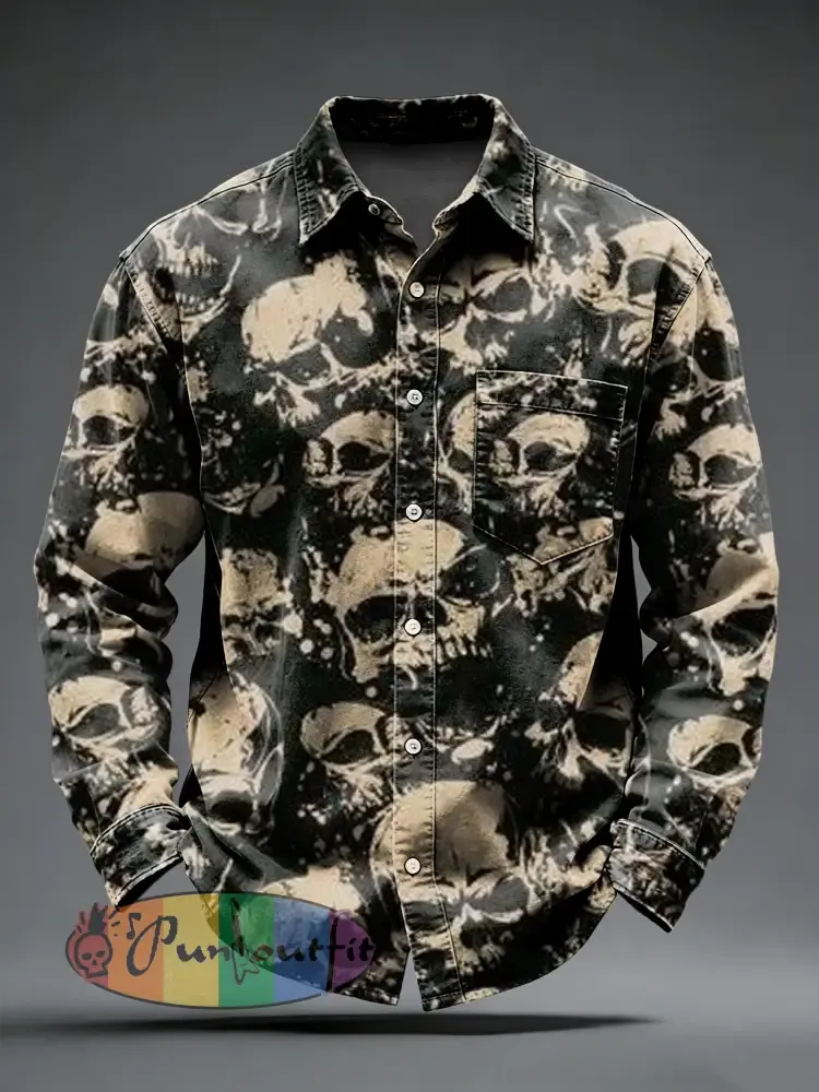 Men’s Retro Punk Skull Printed Long Sleeved Pocket Shirt
