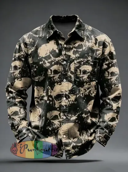 Men’s Retro Punk Skull Printed Long Sleeved Pocket Shirt