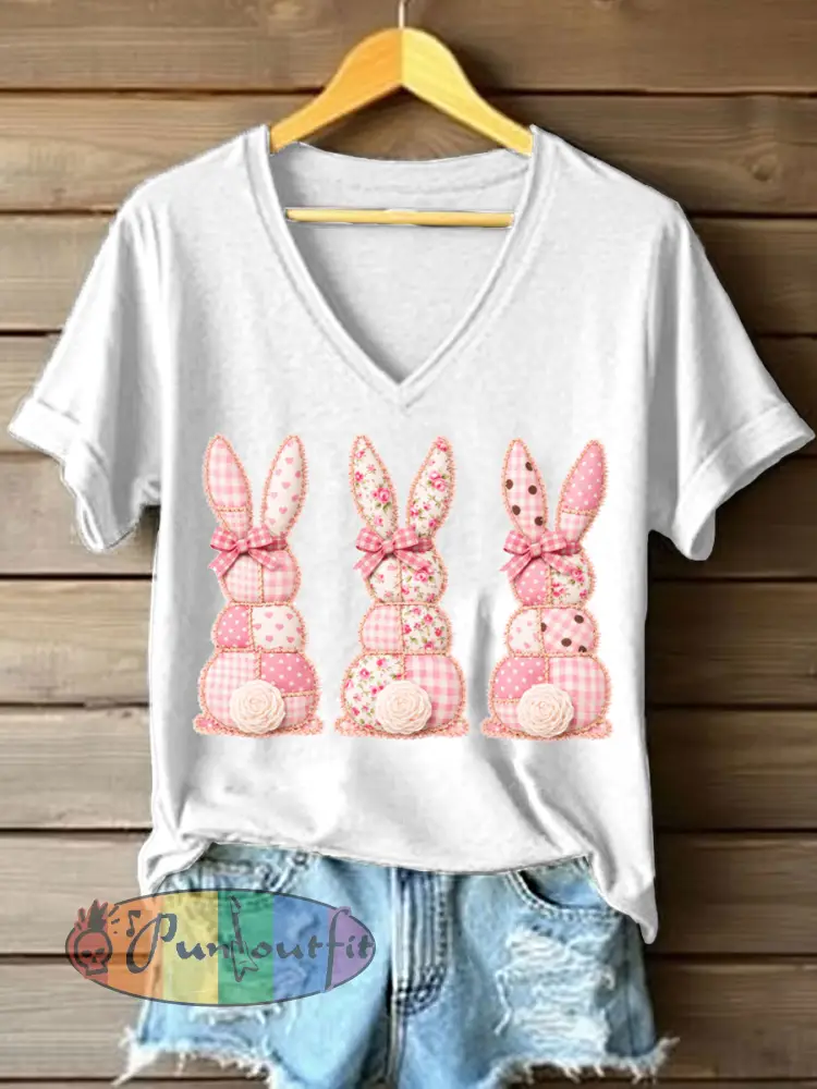 Women’s Cute Bunny Patchwork Pattern V-Neck T-Shirt