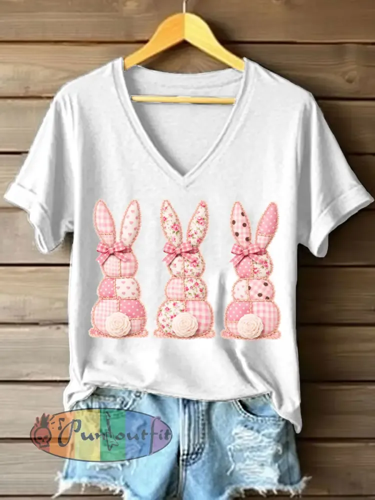 Women’s Cute Bunny Patchwork Pattern V-Neck T-Shirt