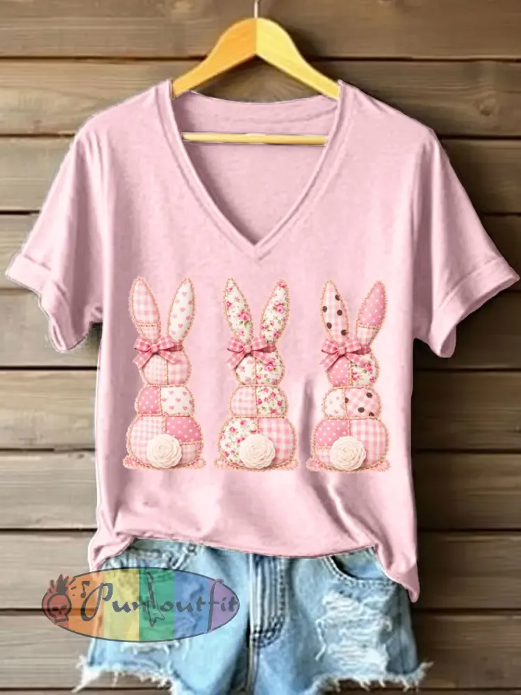 Women’s Cute Bunny Patchwork Pattern V-Neck T-Shirt