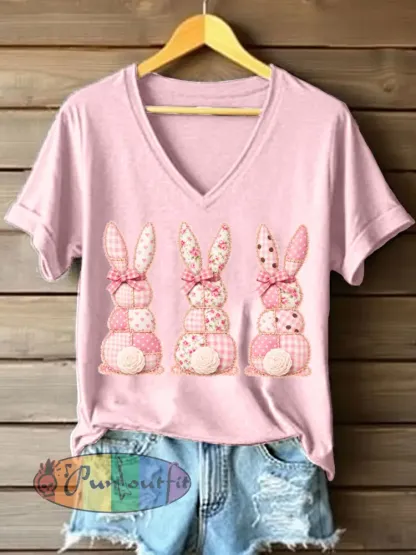 Women’s Cute Bunny Patchwork Pattern V-Neck T-Shirt