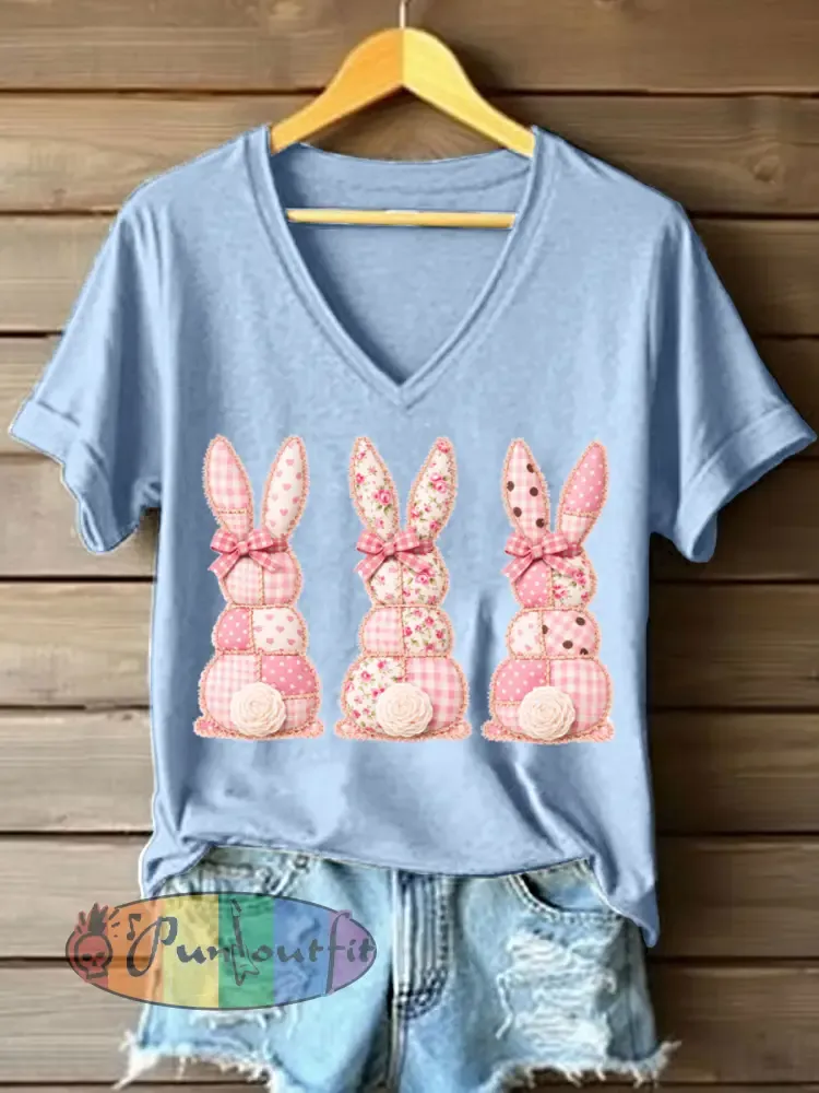 Women’s Cute Bunny Patchwork Pattern V-Neck T-Shirt