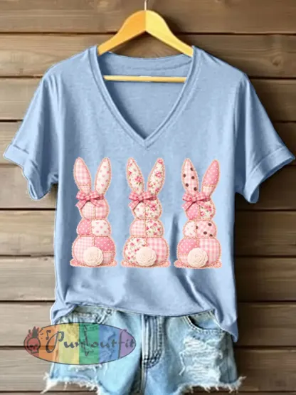 Women’s Cute Bunny Patchwork Pattern V-Neck T-Shirt