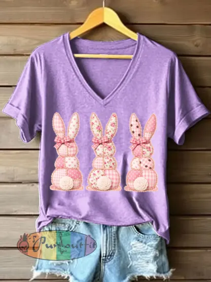 Women’s Cute Bunny Patchwork Pattern V-Neck T-Shirt