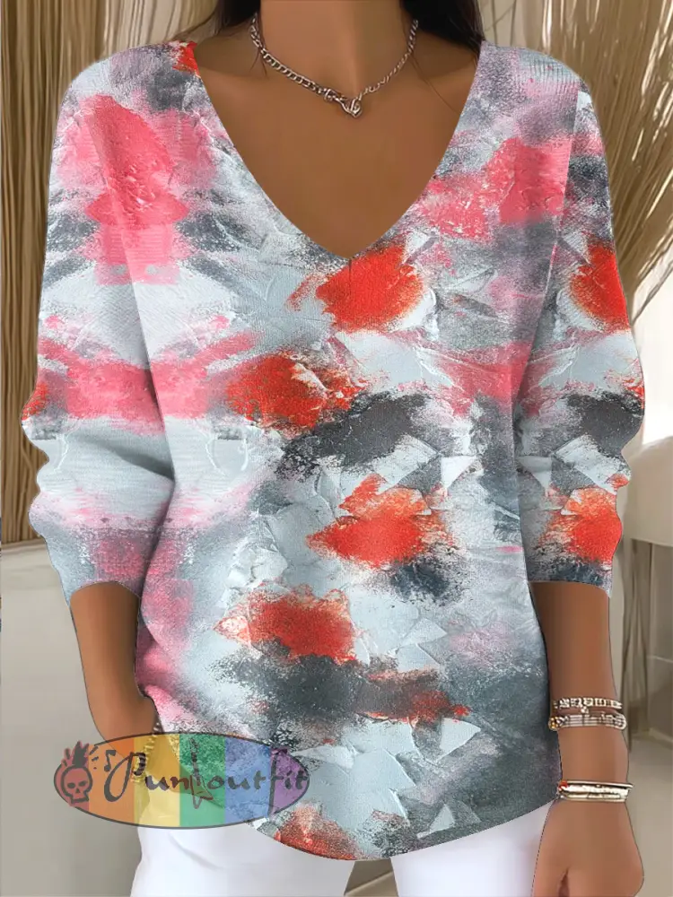 Men’s Artistic Graffiti Print Fashion V-Neck Sweater