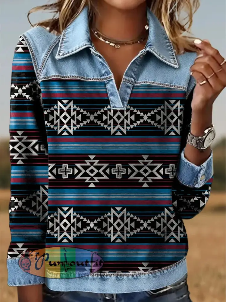 Women’s Retro Aztec Print Patchwork Sweatshirt