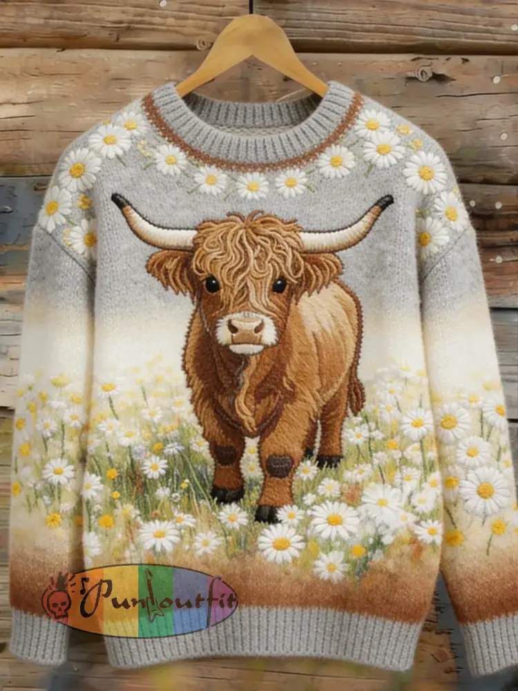 Women’s Highland Cow Floral Art Cozy Sweater