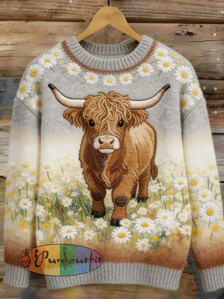 Women’s Highland Cow Floral Art Cozy Sweater