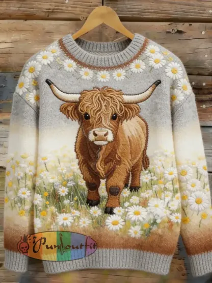 Women’s Highland Cow Floral Art Cozy Sweater