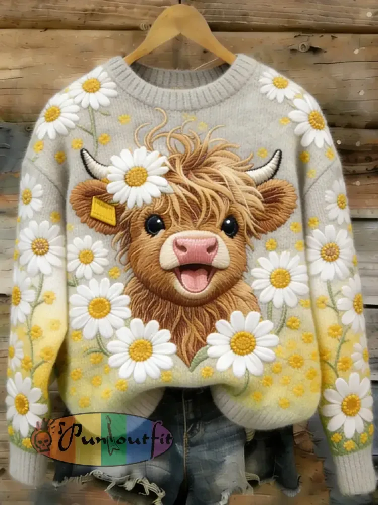 Women’s Cute Highland Cow Floral Art Cozy Sweater