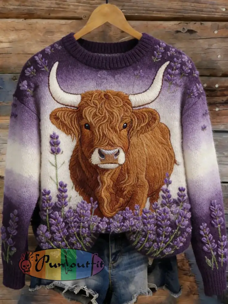 Women’s Funny Highland Cow Floral Art Cozy Sweater