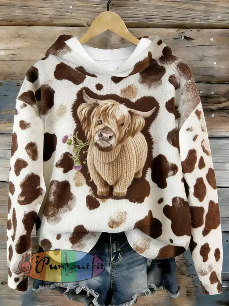 Women’s Funny Highland Cow Floral Art Cozy Hooded Sweater