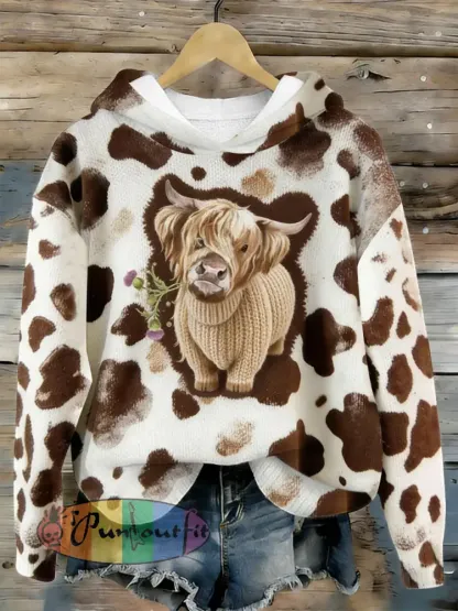 Women’s Funny Highland Cow Floral Art Cozy Hooded Sweater