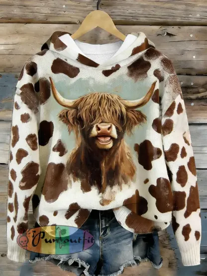 Women’s Funny Highland Cow Art Cozy Hooded Sweater