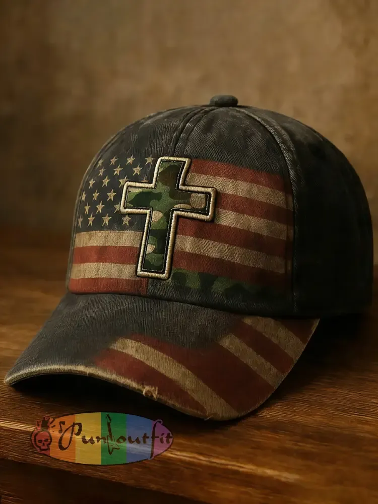 Unisex Vintage Faith Cross Flag Print Hat - As picture · ONE