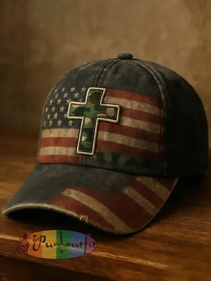 Unisex Vintage Faith Cross Flag Print Hat - As picture · ONE