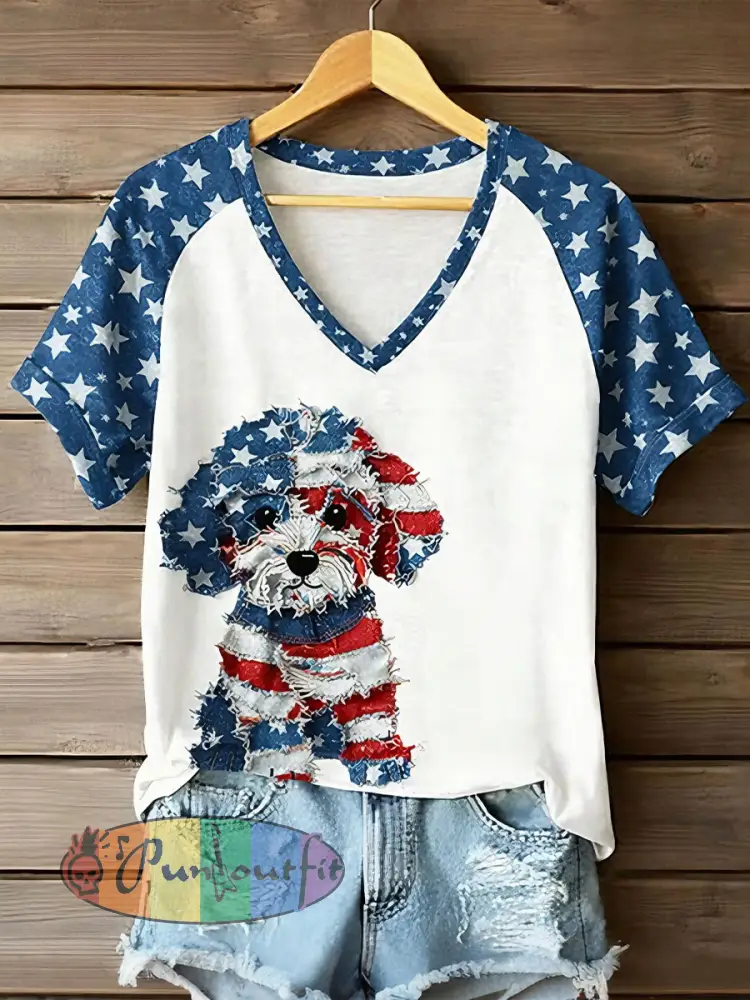 Women’s American Flag Dog V-Neck T-Shirts