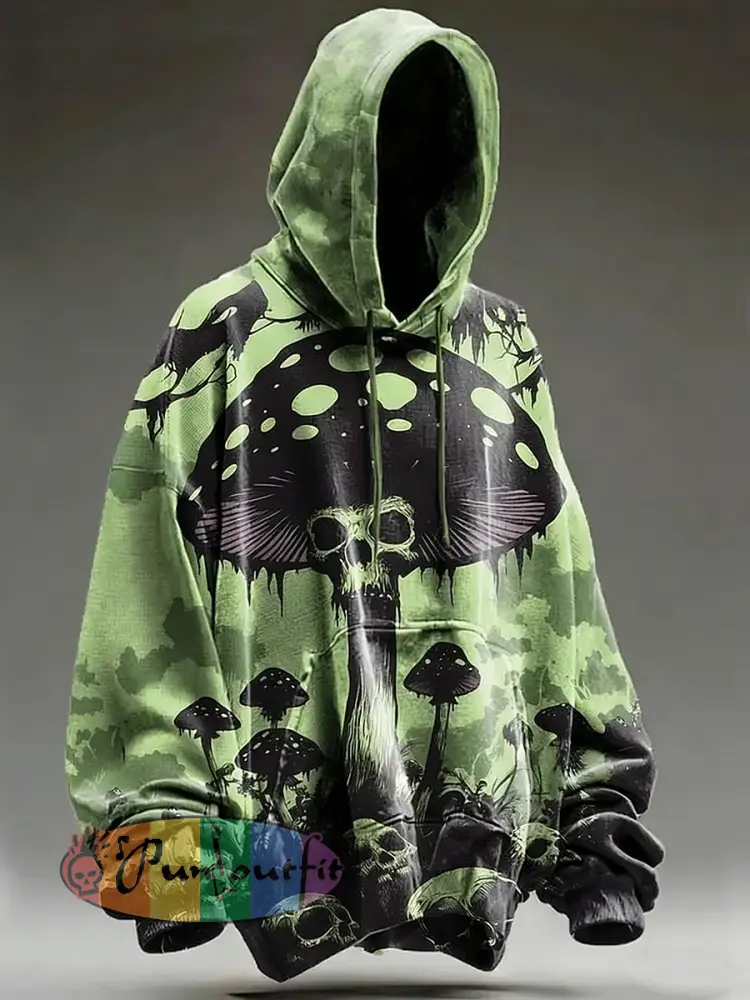 Men’s Psychedelic Mushroom Skull Print Long Sleeved Hooded Sweatshirt