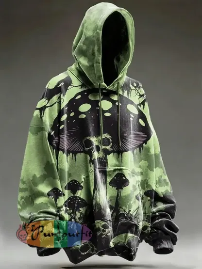 Men’s Psychedelic Mushroom Skull Print Long Sleeved Hooded Sweatshirt